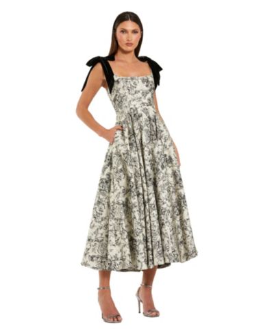 Mac Duggal Women's Floral Brocade A-Line Midi Dress with Bow Straps