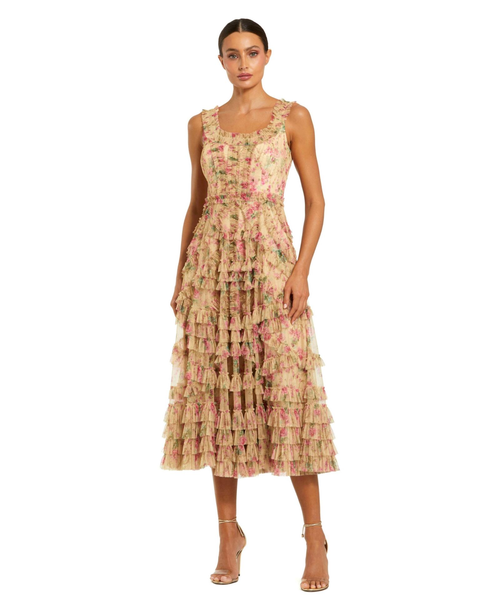 Женское платье Mac Duggal Floral Printed Sleeveless Ruffle Midi