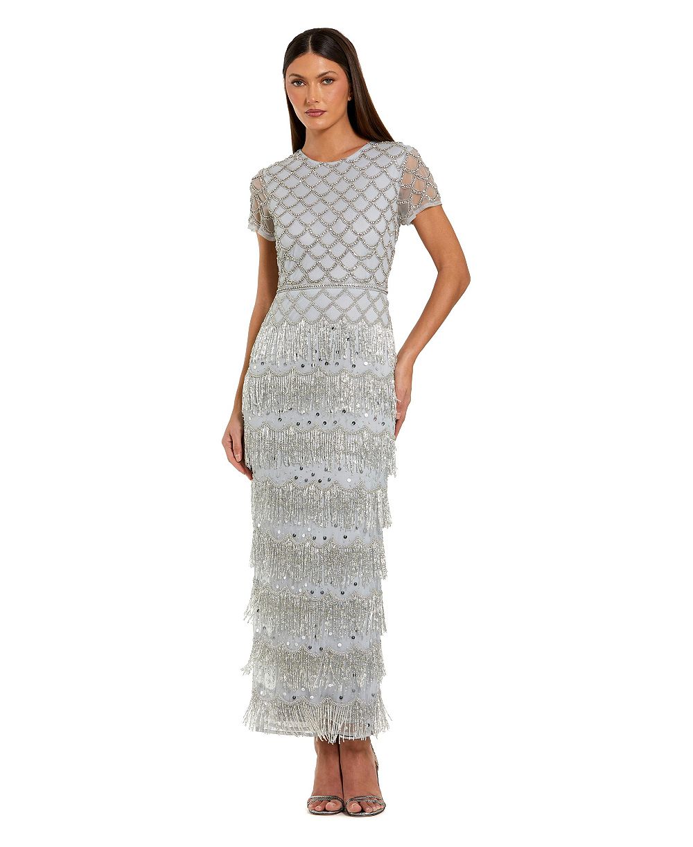 Mac Duggal Женское макси-платье из сетки с бахромой