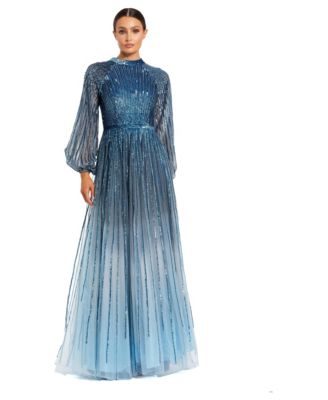 Женское вечернее платье Mac Duggal Ombre Beaded Bishop Sleeve A-Line Gown