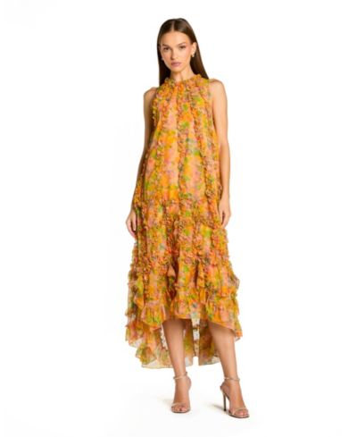 Mac Duggal Women's Floral Applique Tiered Ruffle High-Low Midi Dress