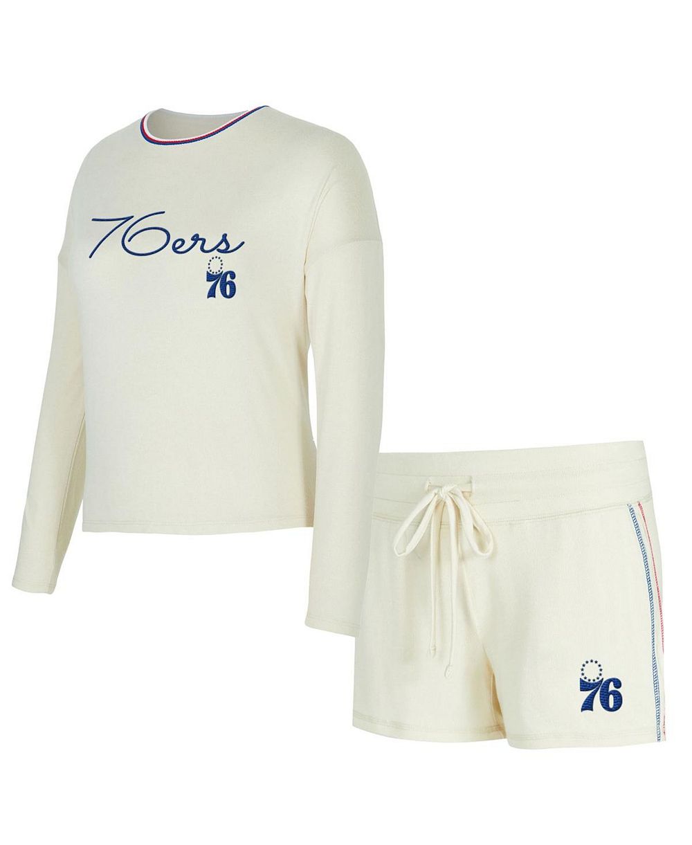 Concepts Sport Women's 2-Piece Cream Philadelphia 76ers Kaki Hacci Knit Long Sleeve Top and Shorts Set