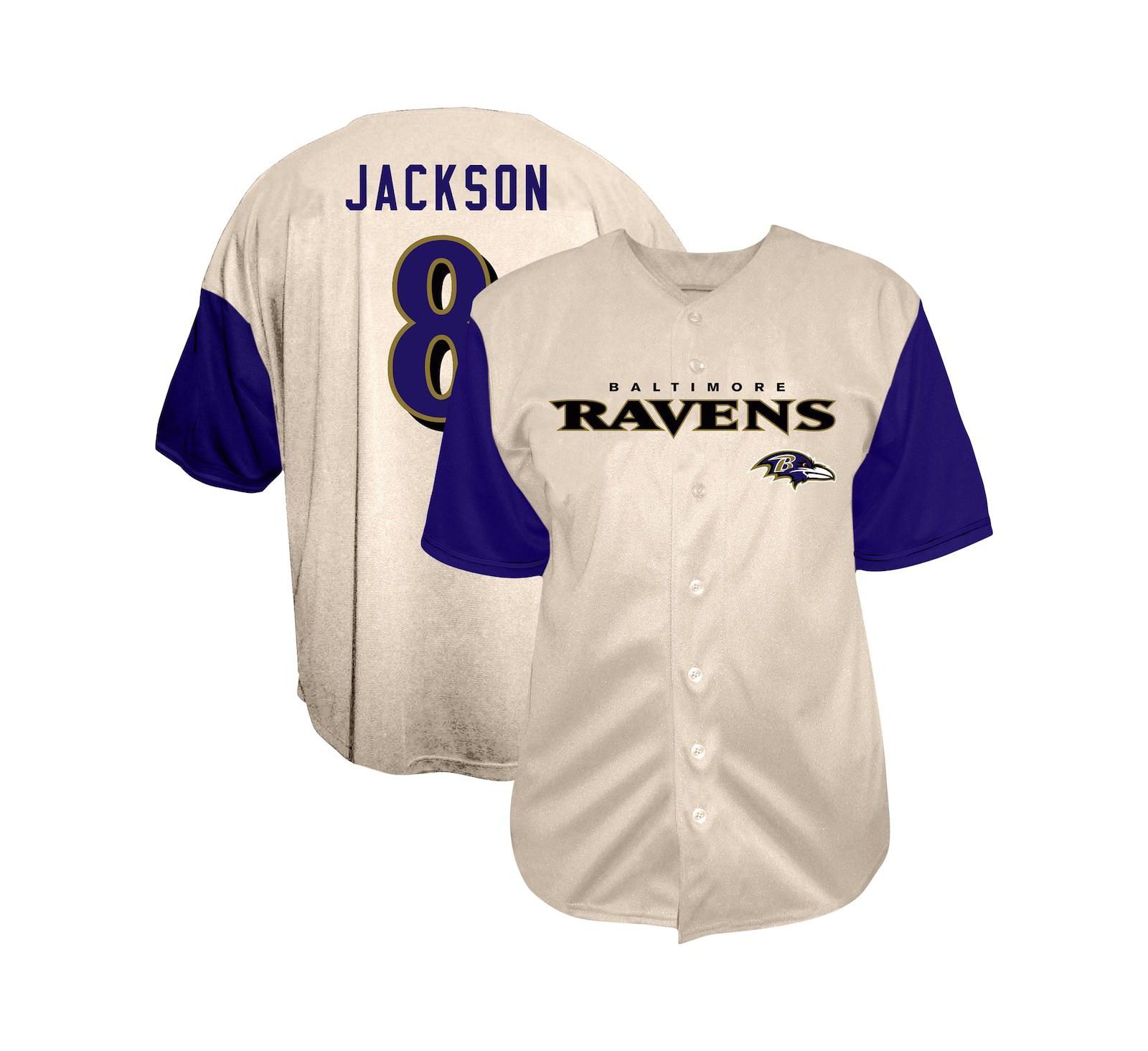 Fanatics Men's Lamar Jackson Cream Baltimore Ravens Big & Tall Baseball Button-Up Shirt