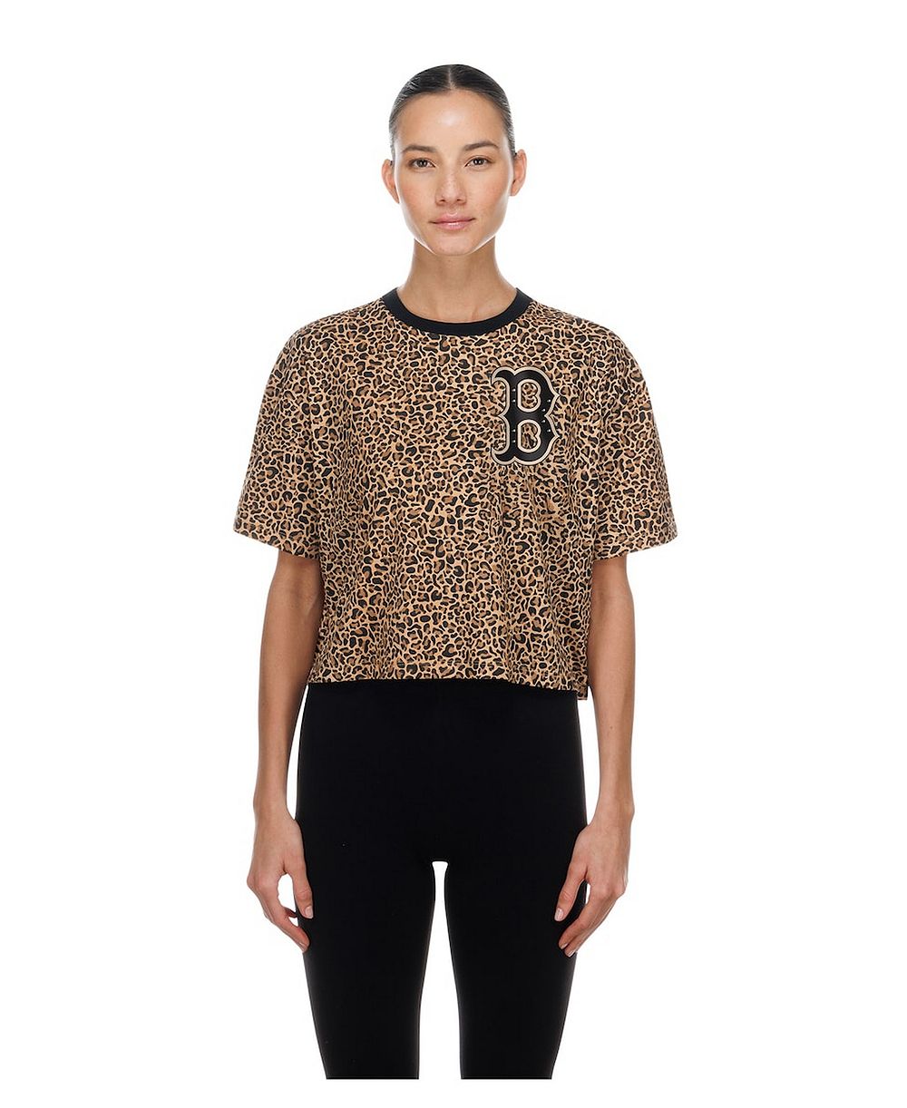 Женская укороченная футболка New Era Brown Boston Red Sox Leopard Boxy Cropped