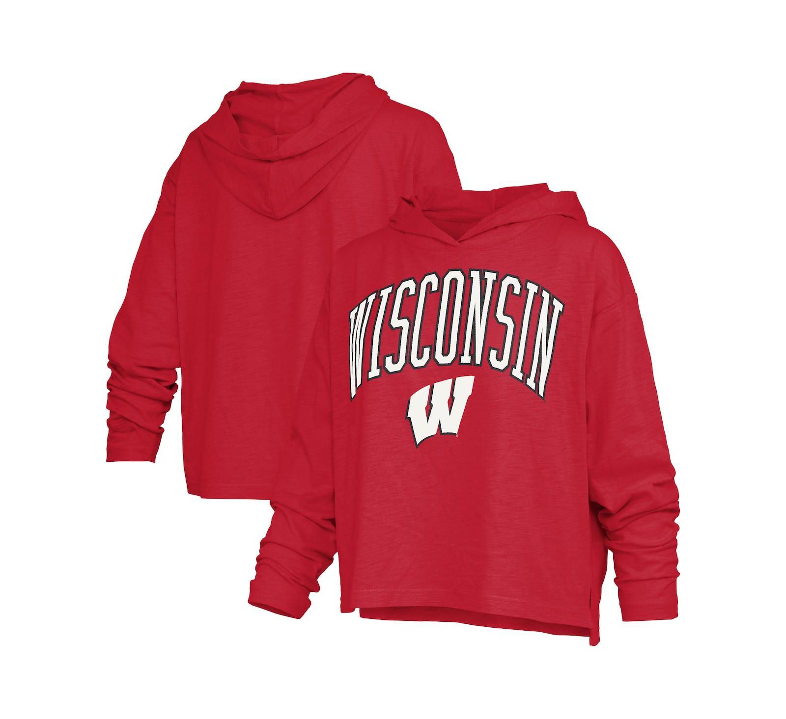 Женская футболка Pressbox Red Wisconsin Badgers Nelson Arch Over Logo Long Sleeve Hooded Slub
