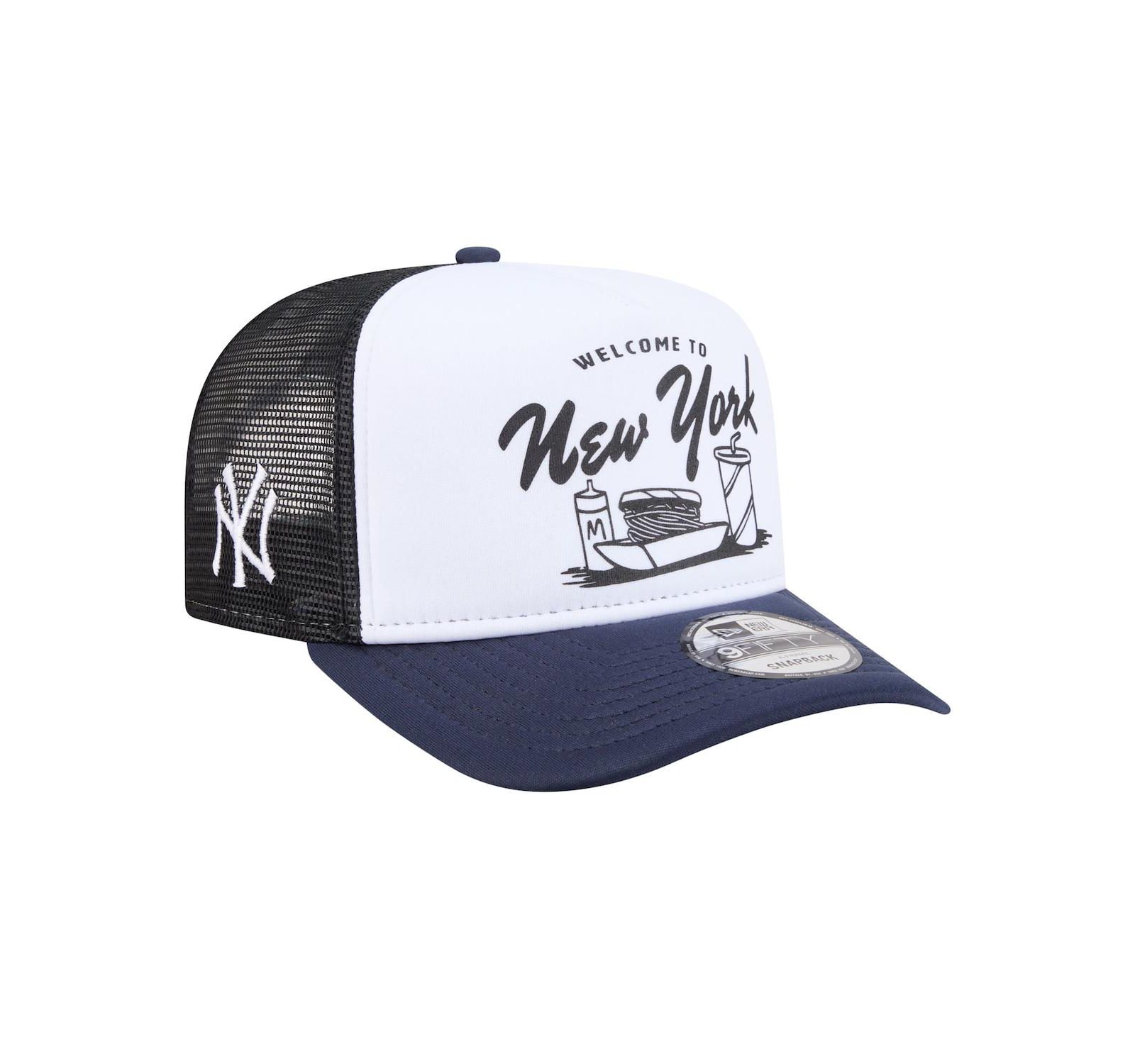 New Era Men's White/Navy New York Yankees Foodie A-Frame 9FIFTY Trucker Snapback Hat