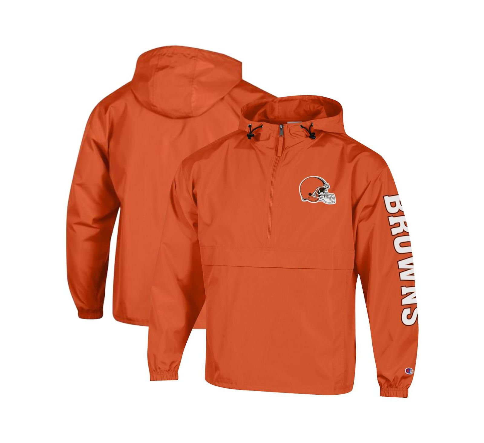 Champion Men's Orange Cleveland Browns Packable Hooded Windbreaker Half-Zip Jacket