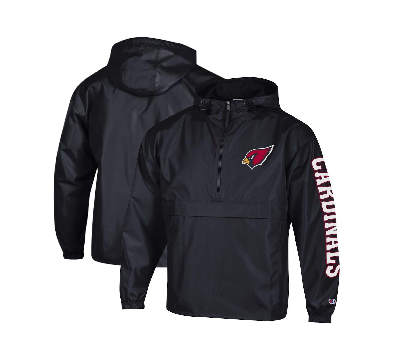 Champion Men's Black Arizona Cardinals Packable Hooded Windbreaker Half-Zip Jacket