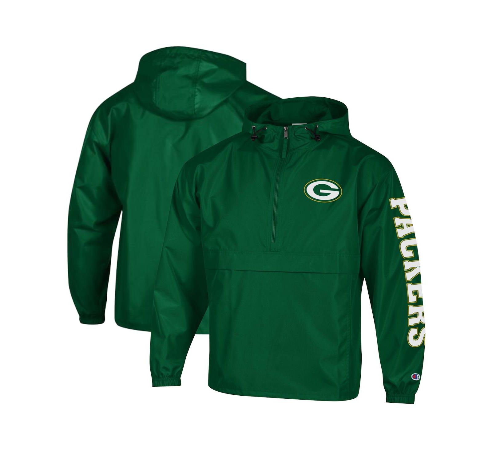 Champion Men's Green Green Bay Packers Packable Hooded Windbreaker Half-Zip Jacket