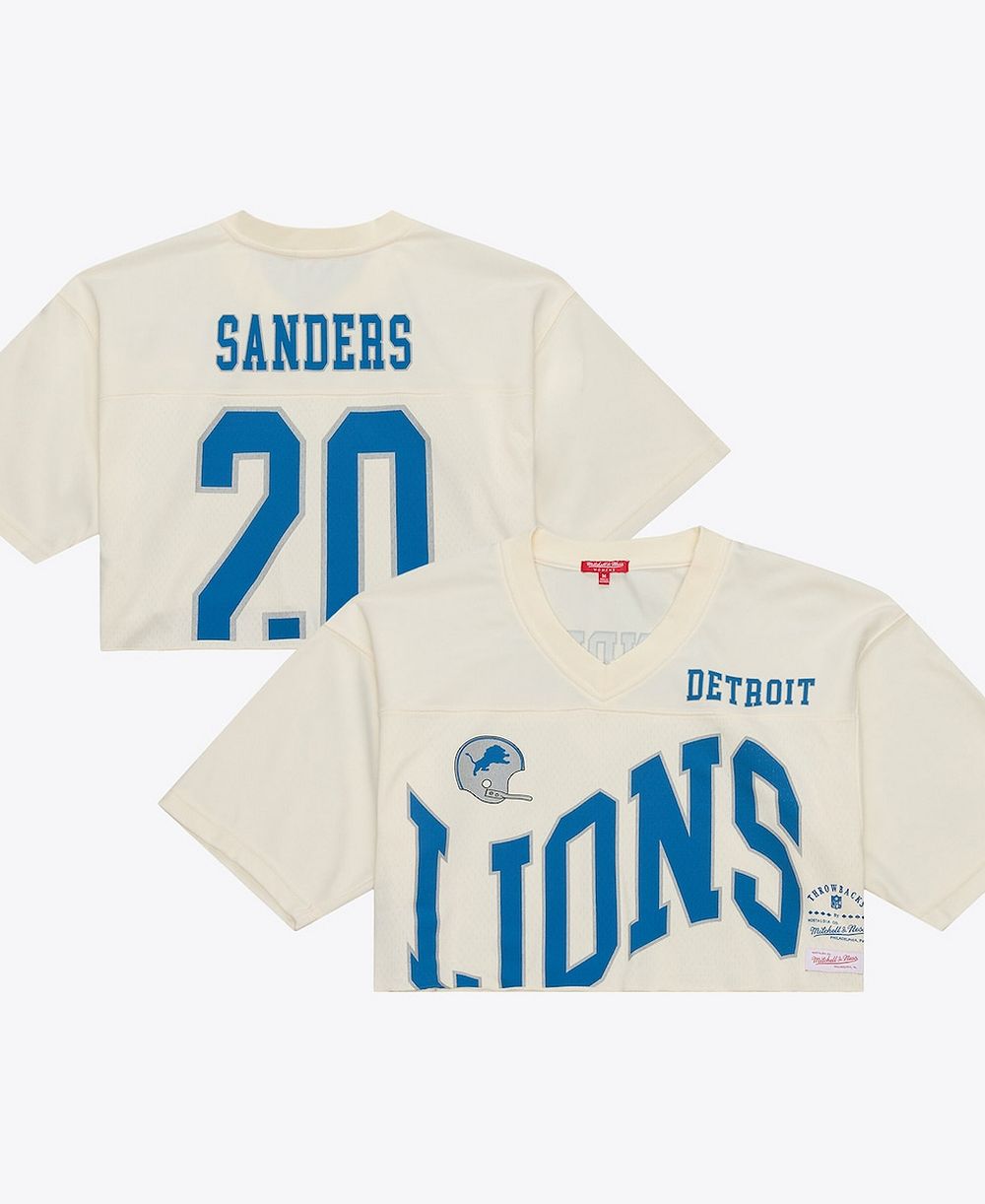 Женская модная джерси Mitchell & Ness Barry Sanders Cream Detroit Lions Retired Player Cropped