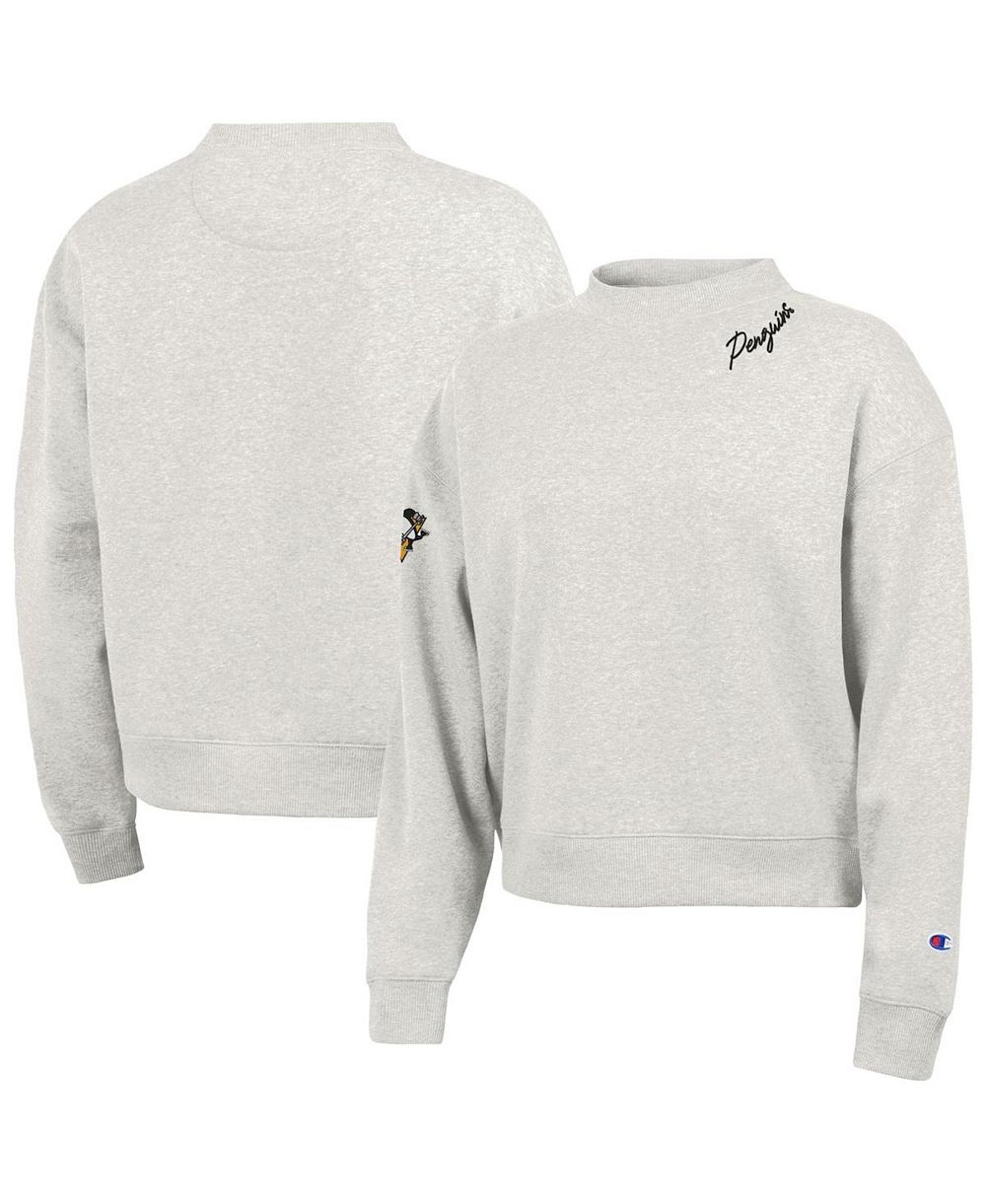 Champion Women's Oatmeal Pittsburgh Penguins Collar Script Triumph Fleece Crewneck Sweatshirt