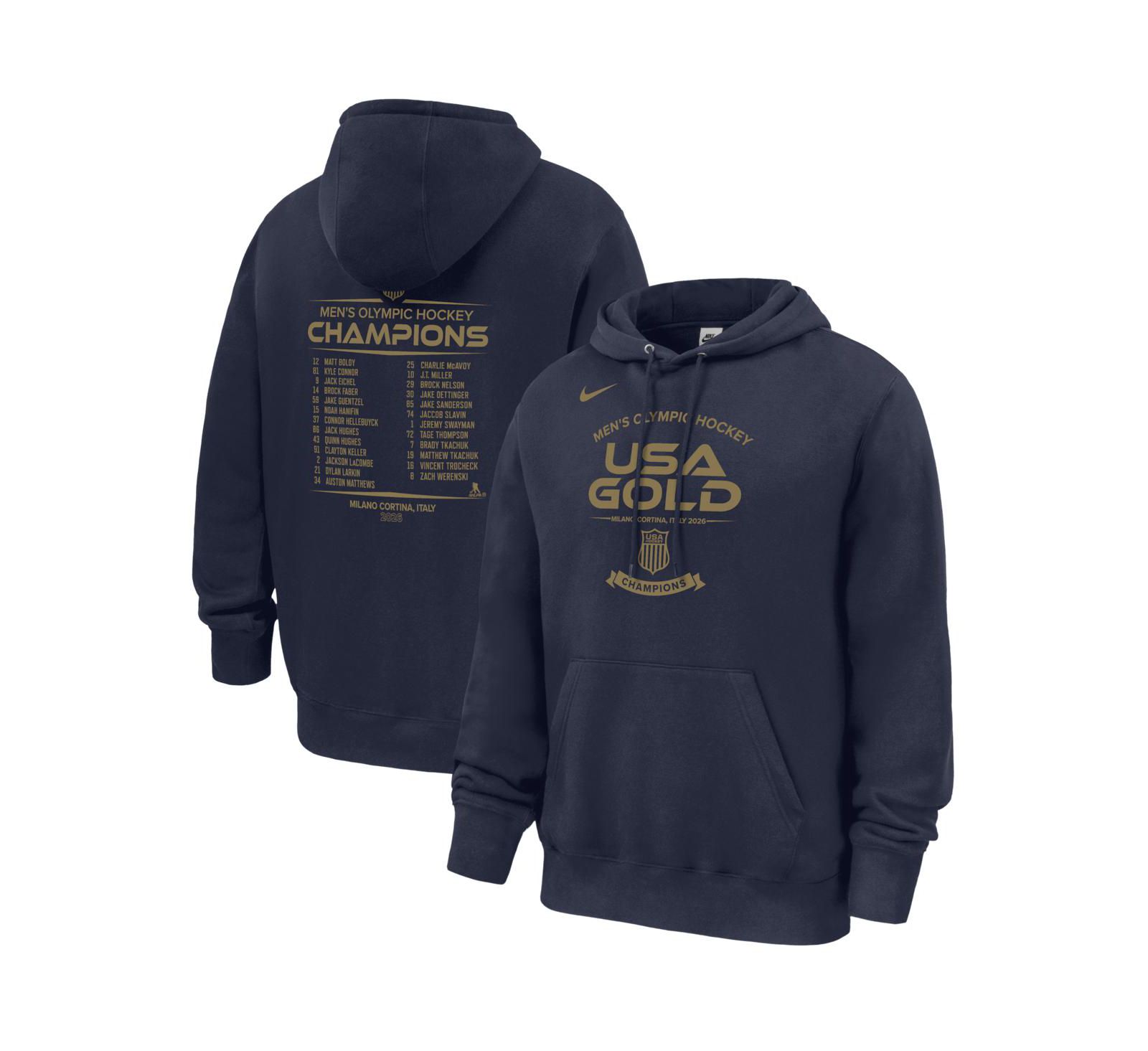 Nike Men's Navy Men's USA Hockey 2026 Winter Gold Medal Roster Club Fleece Hoodie