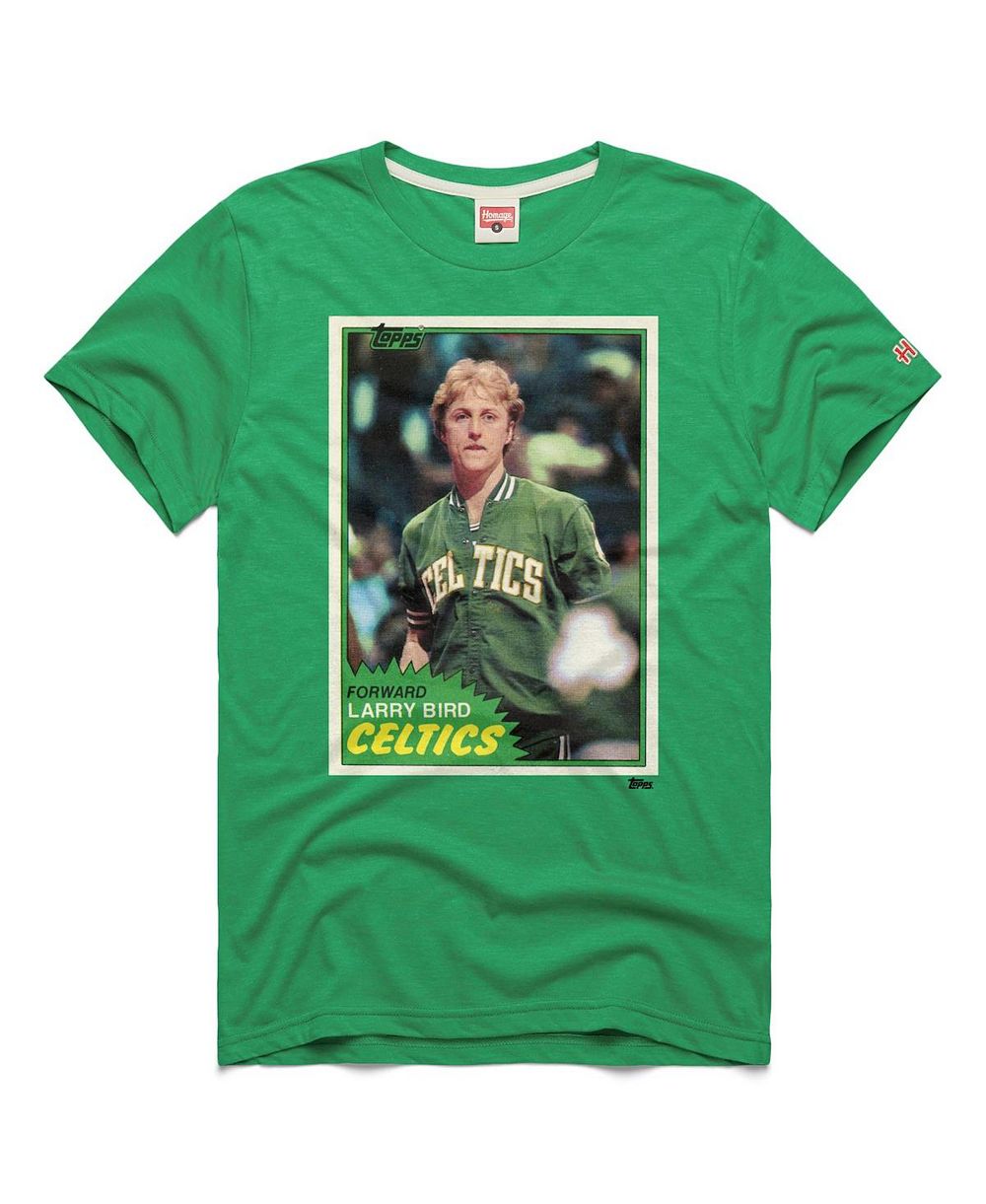 Футболка Homage Larry Bird Green Boston Celtics Topps Trading Card Tri-Blend Мужская и Женская