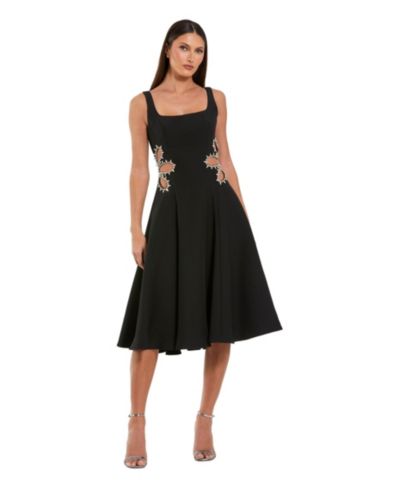 Mac Duggal Women's Sleeveless Crepe Rhinestone Cutout Midi Dress