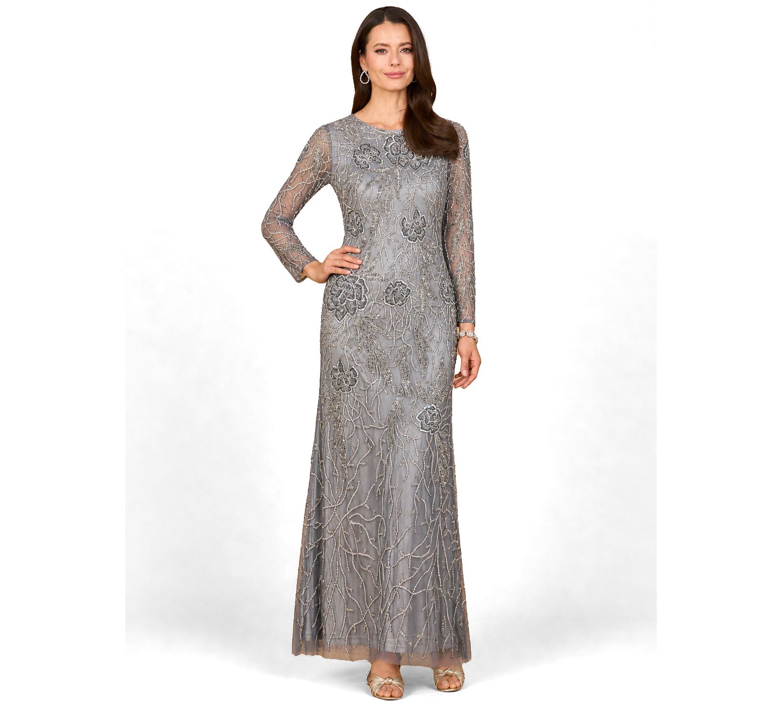 Lara Women's High Neck, Long Sleeve Beaded Gown
