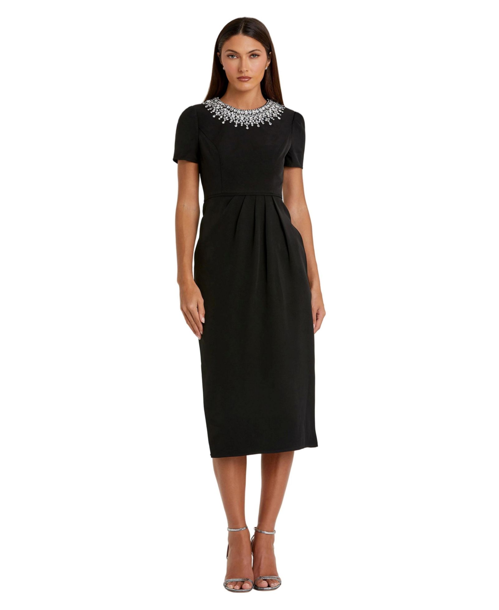 Mac Duggal Petite Rhinestone Embellished Short Sleeve Sheath Dress