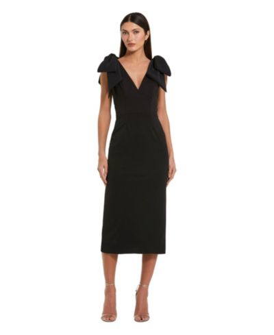Mac Duggal Petite Statement Bow Shoulder Crepe Midi Dress