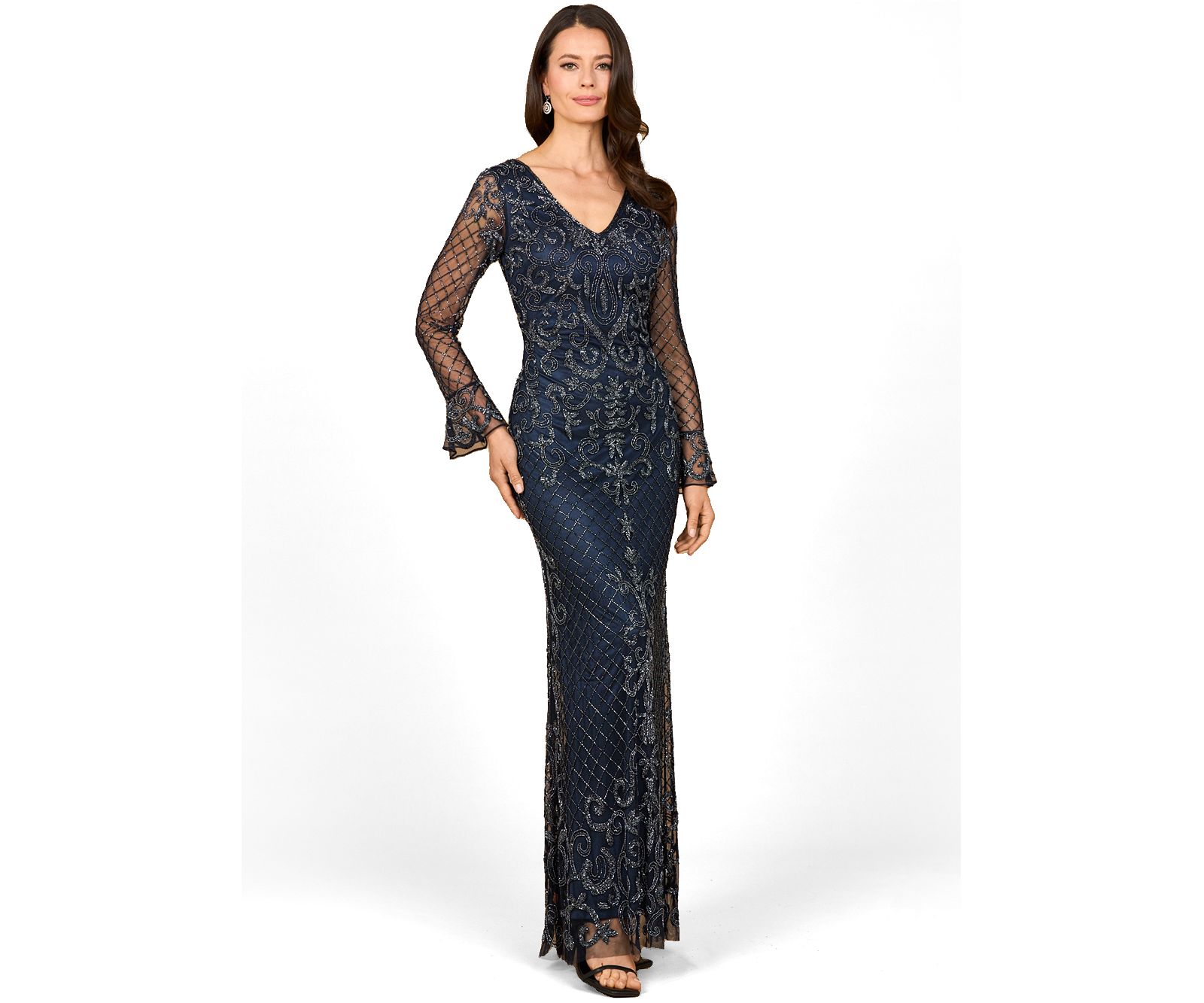 Lara Women's Beaded Long Sleeve V-Neck Gown