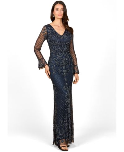 Женское вечернее платье Lara Beaded Long Sleeve V-Neck Gown