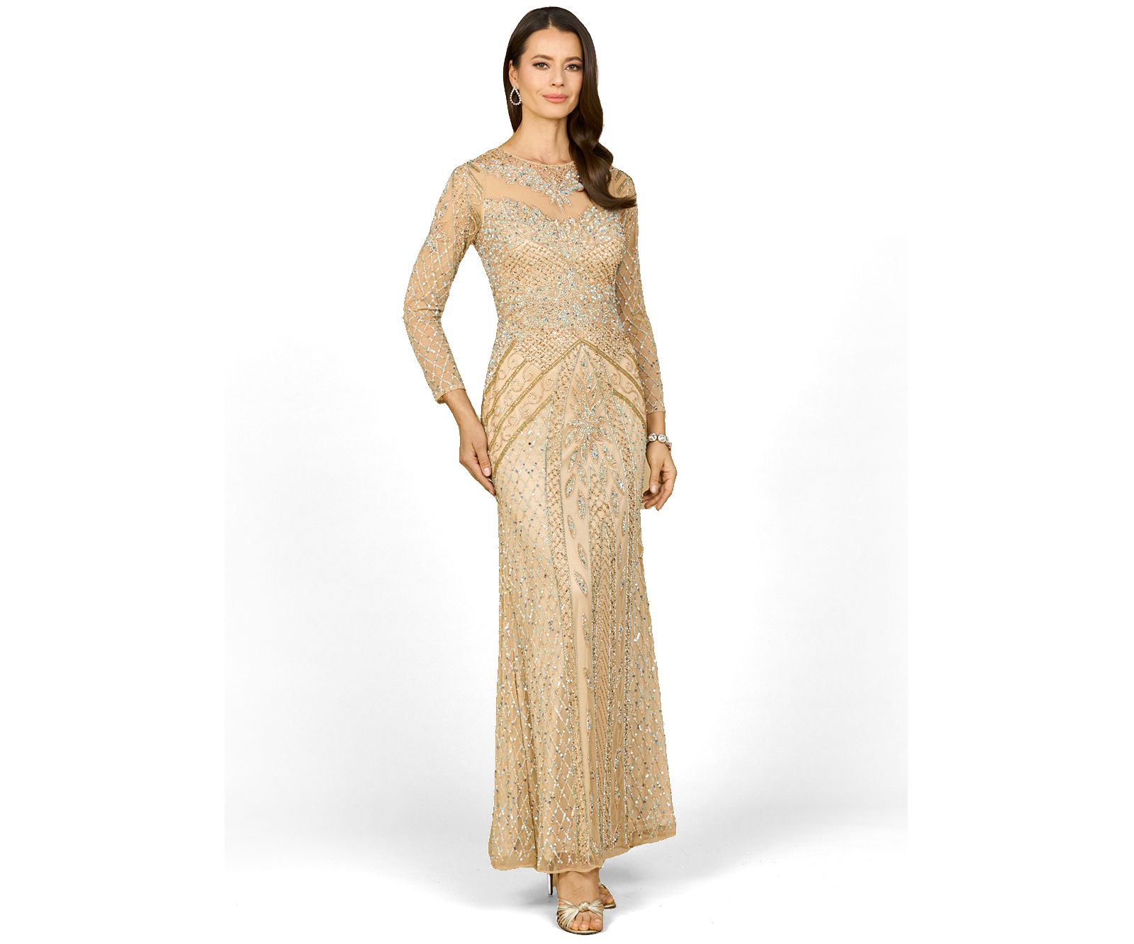 Lara Women's Illusion Neck Long Sleeve Beaded Gown