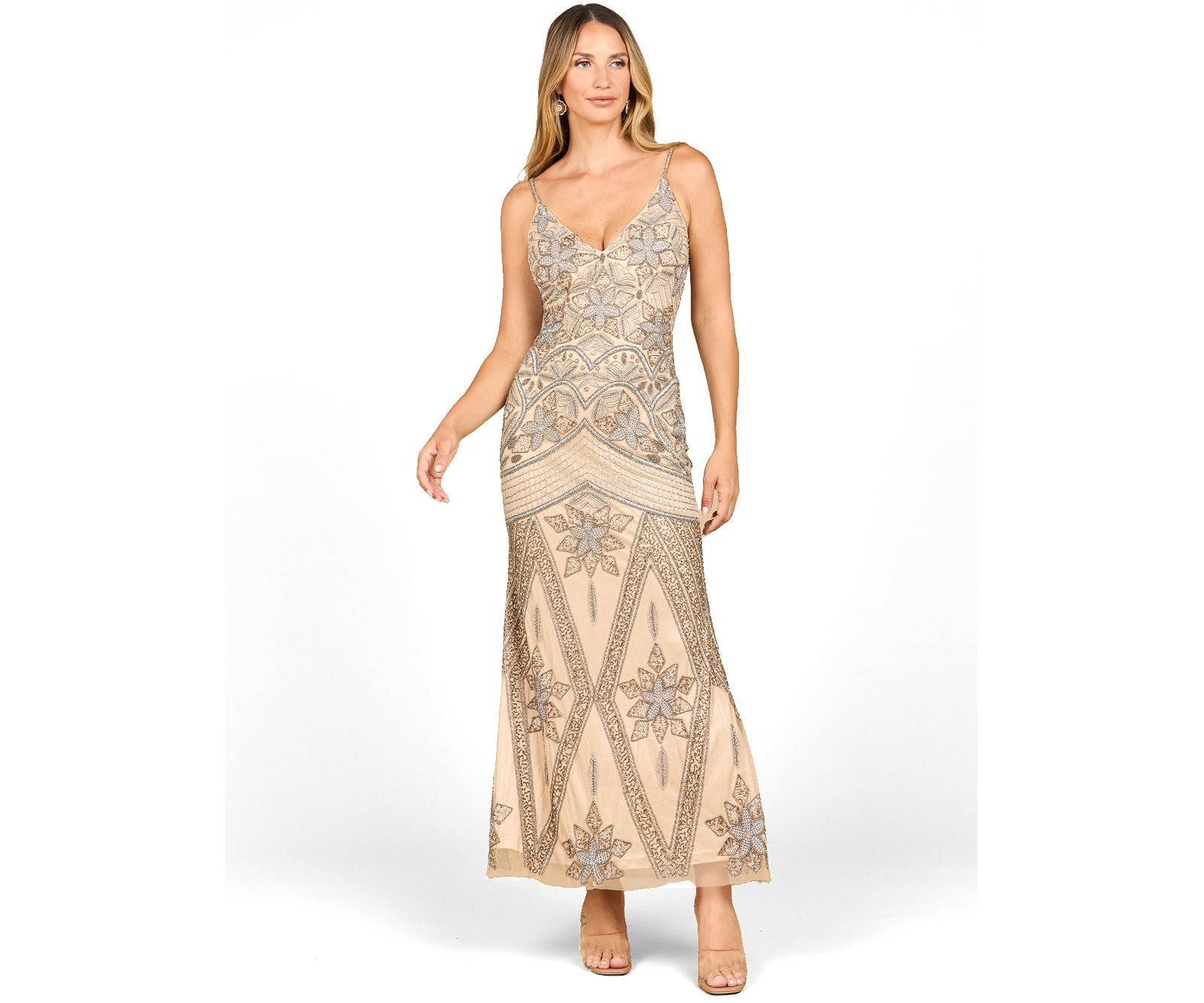 Женское вечернее платье Lara Contrast Beaded V-Neck Fitted Gown