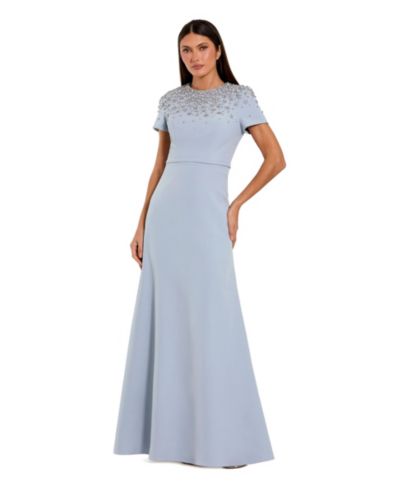 Mac Duggal Женское вечернее платье из крепа с отделкой кристаллами, короткий рукав