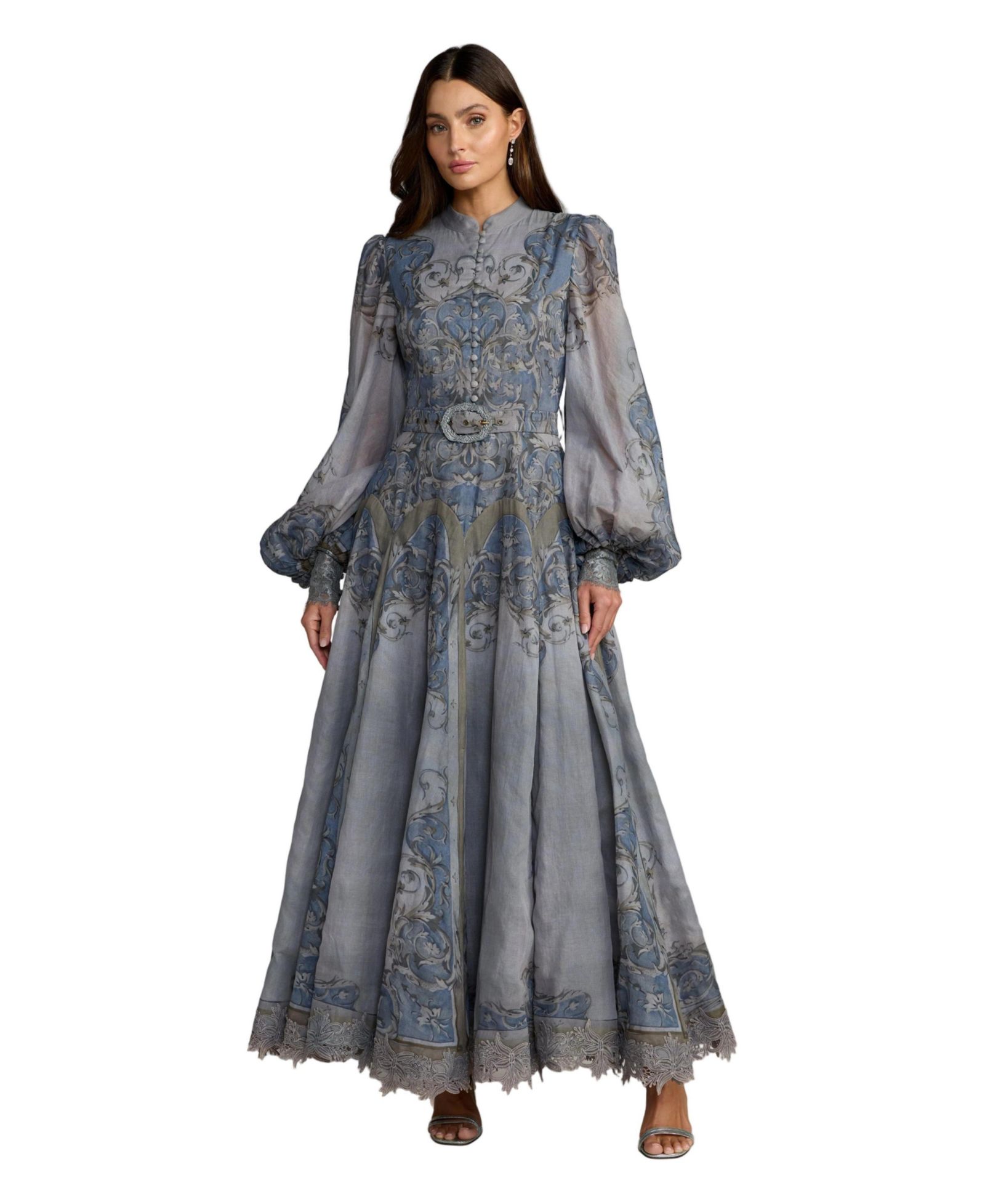 Mac Duggal Petite Baroque Print Bishop Sleeve A-Line Ankle Dress