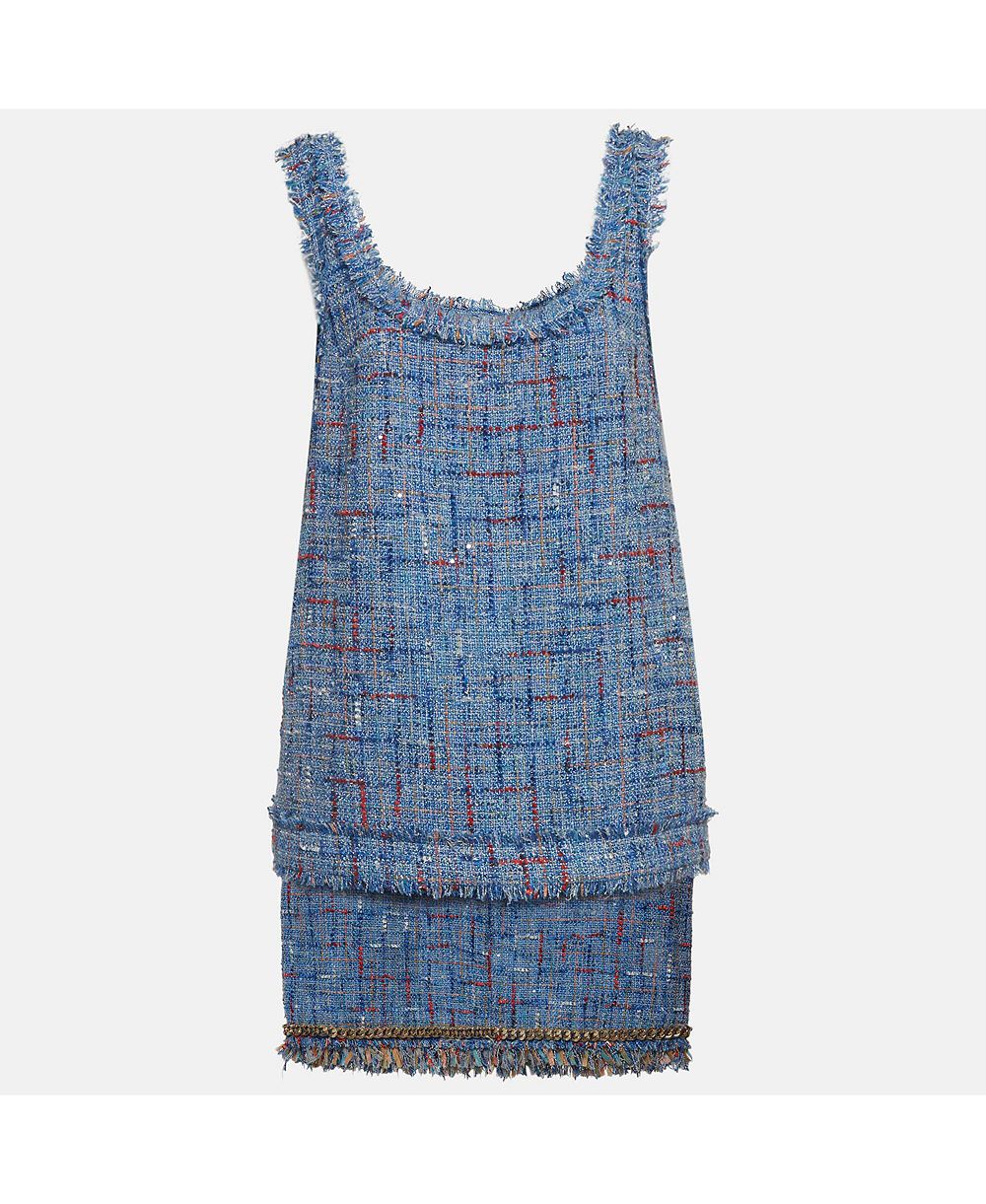 Pre-Owned Balmain Women's Tweed And Denim Sleeveless Top and Mini Skirt Suits