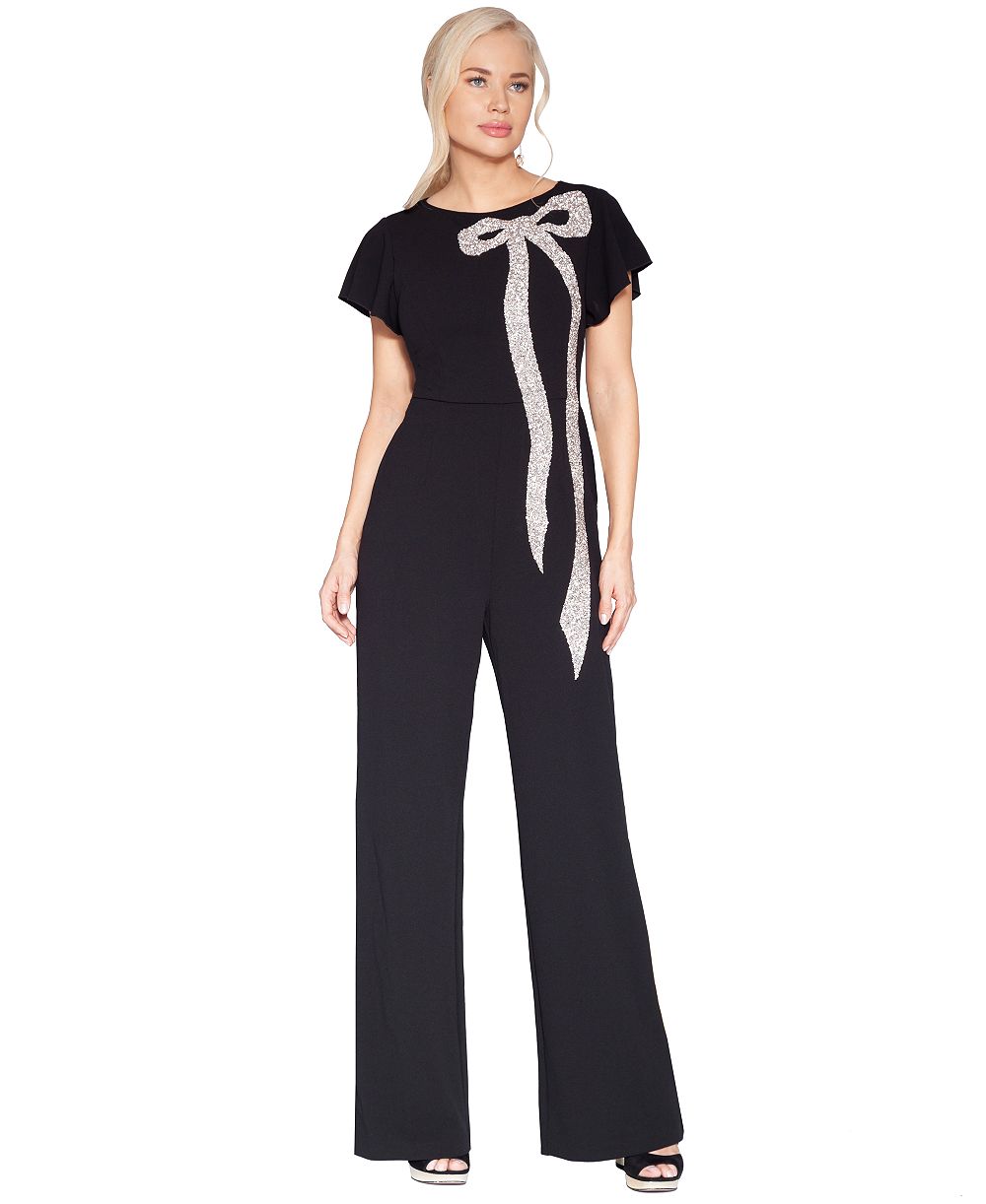 WHITE TIE by Shani Women's Flutter-Sleeve Dramatic Crystal Bow Detail Jumpsuit