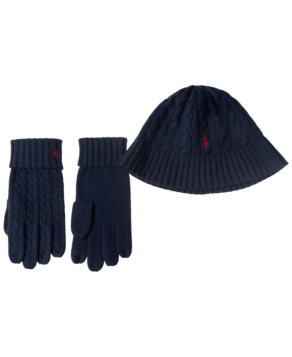 Polo Ralph Lauren Men's Wool Blend Cable Bucket Hat and Gloves, 2-Piece Set