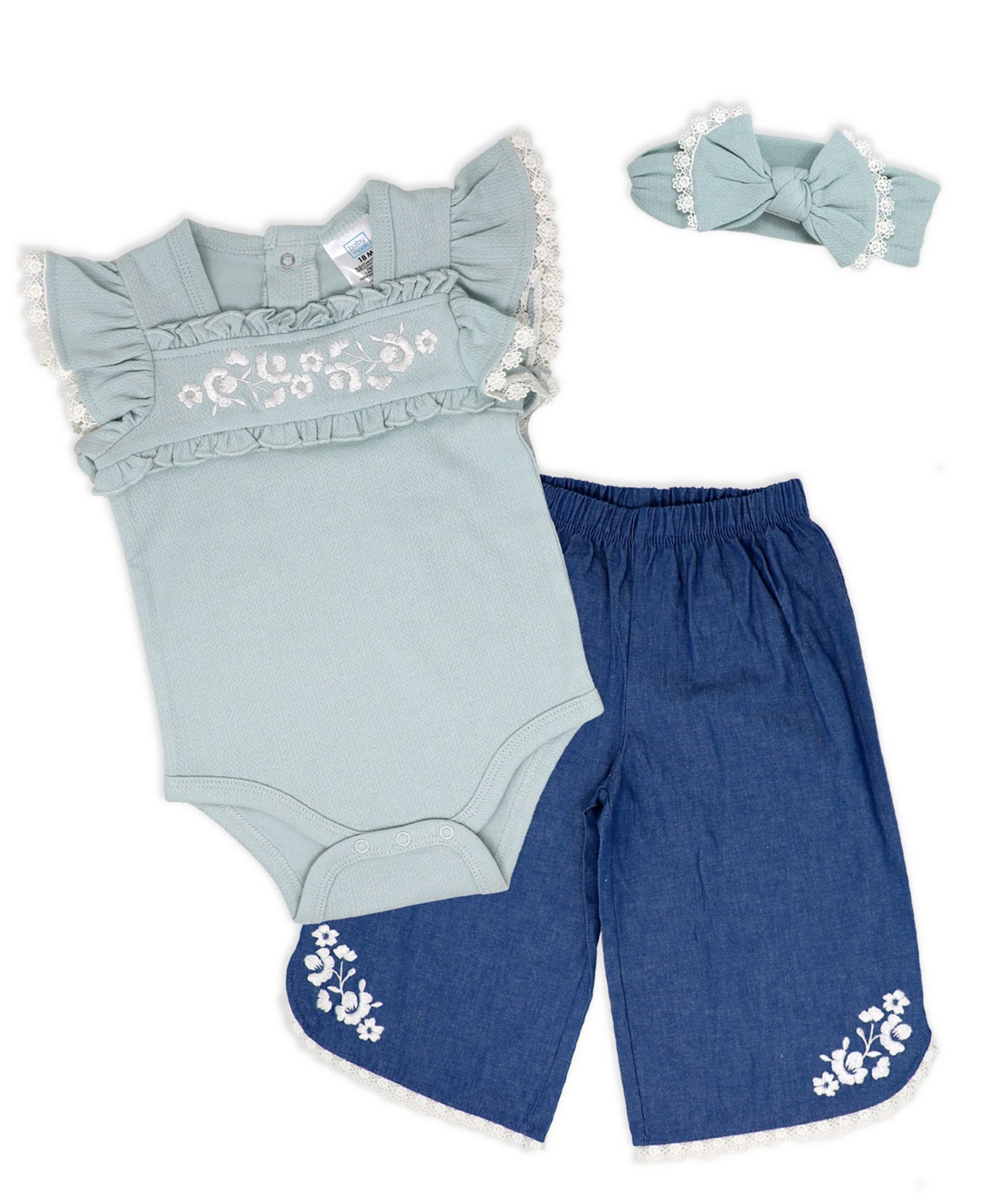 Baby Mode Baby Girls' Short-Sleeve Bodysuit, Denim Pant and Headband, 3-Piece Set