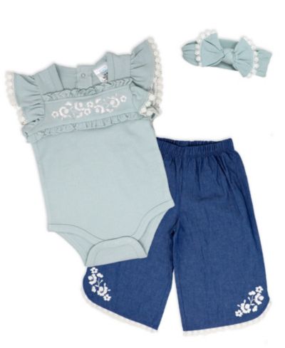 Комплект из 3 предметов Baby Mode Baby Girls' Short-Sleeve Bodysuit, Denim Pant and Headband