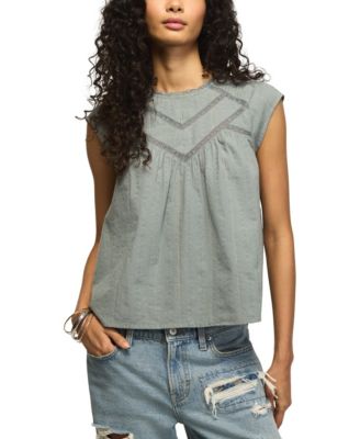 Lucky Brand Women's Crewneck Lace Yoke Flutter Top