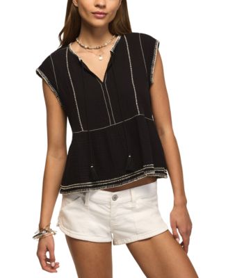 Lucky Brand Women's V-Neck Contrast Embroidered Ruffle Top