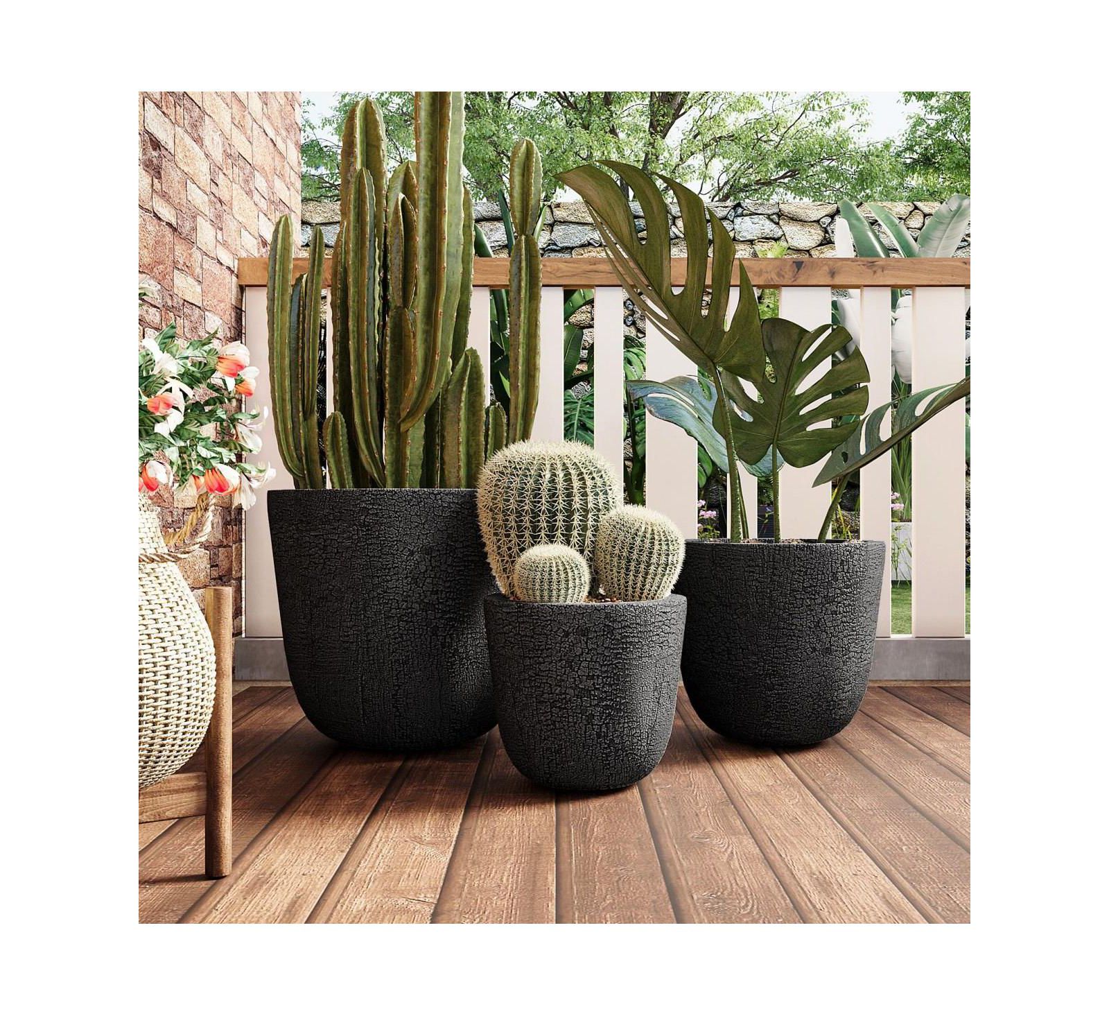 Asagikoiai3-Piece MGO Outdoor Planter Set with Drainage, Crackle Stone Pots for Garden and Patio