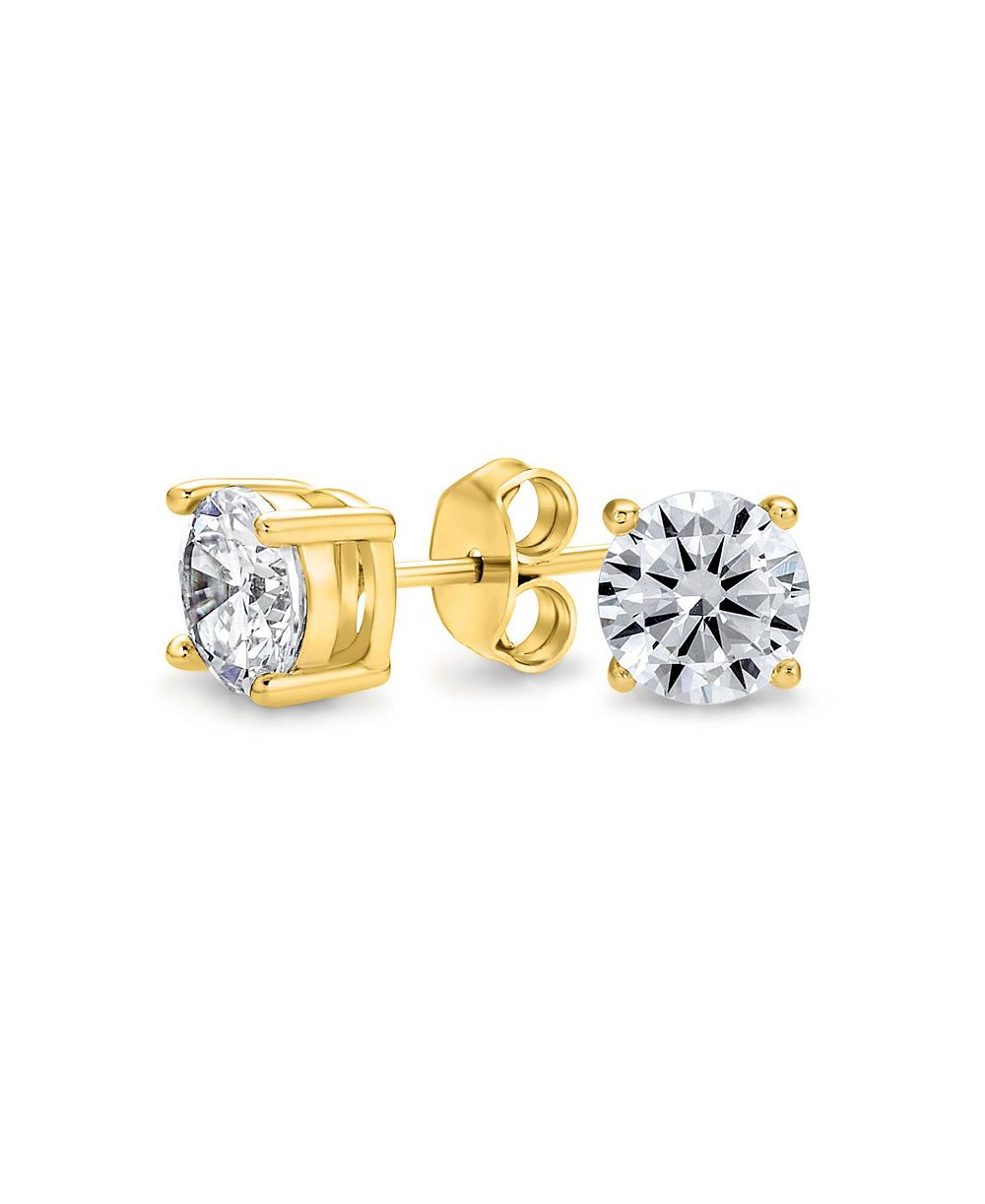 Серьги Bling Jewelry Round CZ Solitaire Stud Gold Plated Sterling Silver 5-10MM