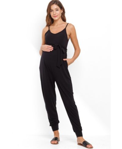 Hello Miz Maternity Sleeveless with Tie Waist and Adjustable Straps Jogger Jumpsuit