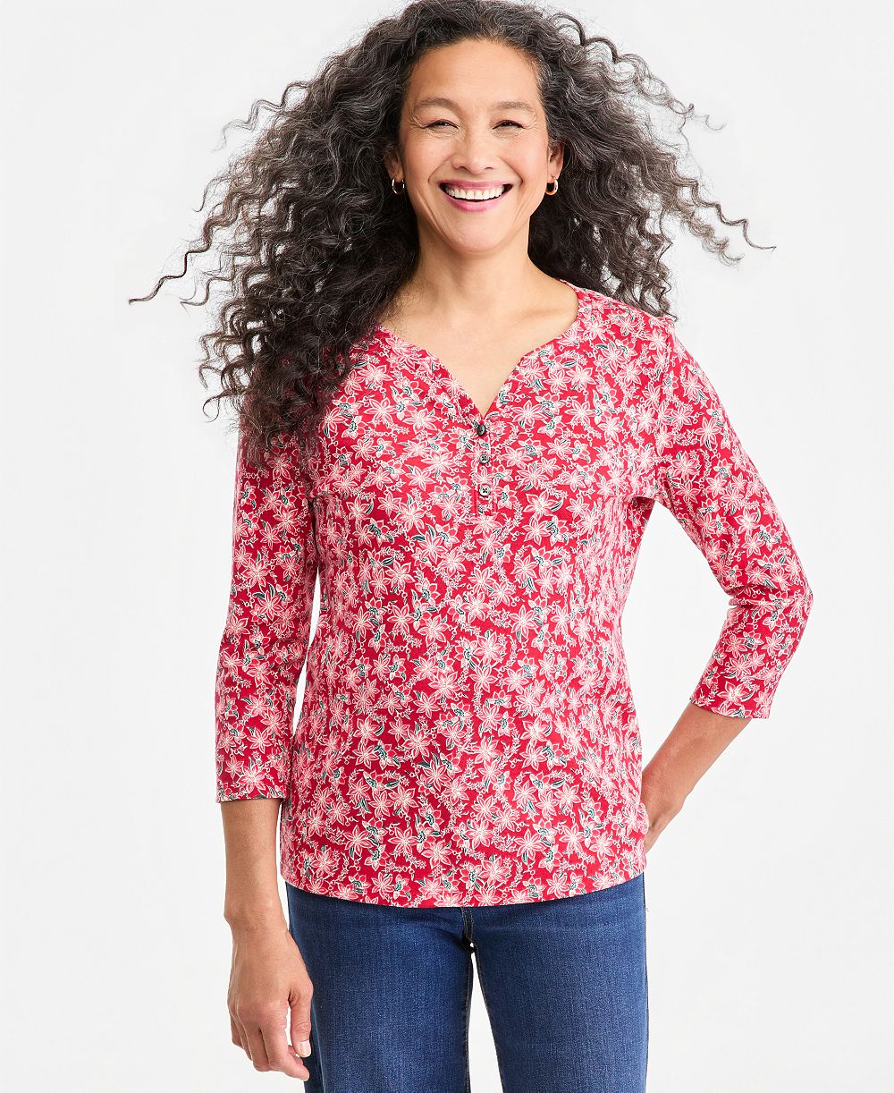 Women's Printed 3/4-Sleeve Henley Top, Macy's Exclusive