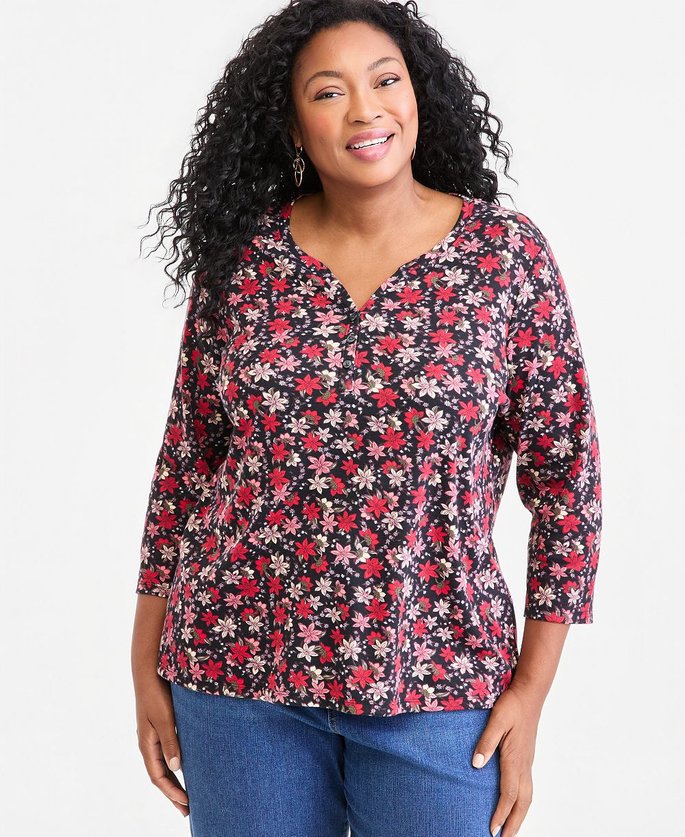 Style & Co Plus Printed 3/4-Sleeve Henley Top, Macy's Exclusive