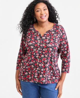 Style & Co Plus Printed 3/4-Sleeve Henley Top, Macy's Exclusive