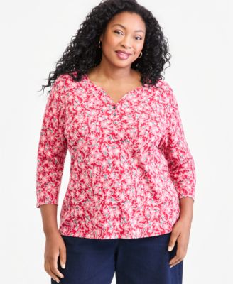 Style & Co Plus Printed 3/4-Sleeve Henley Top, Macy's Exclusive