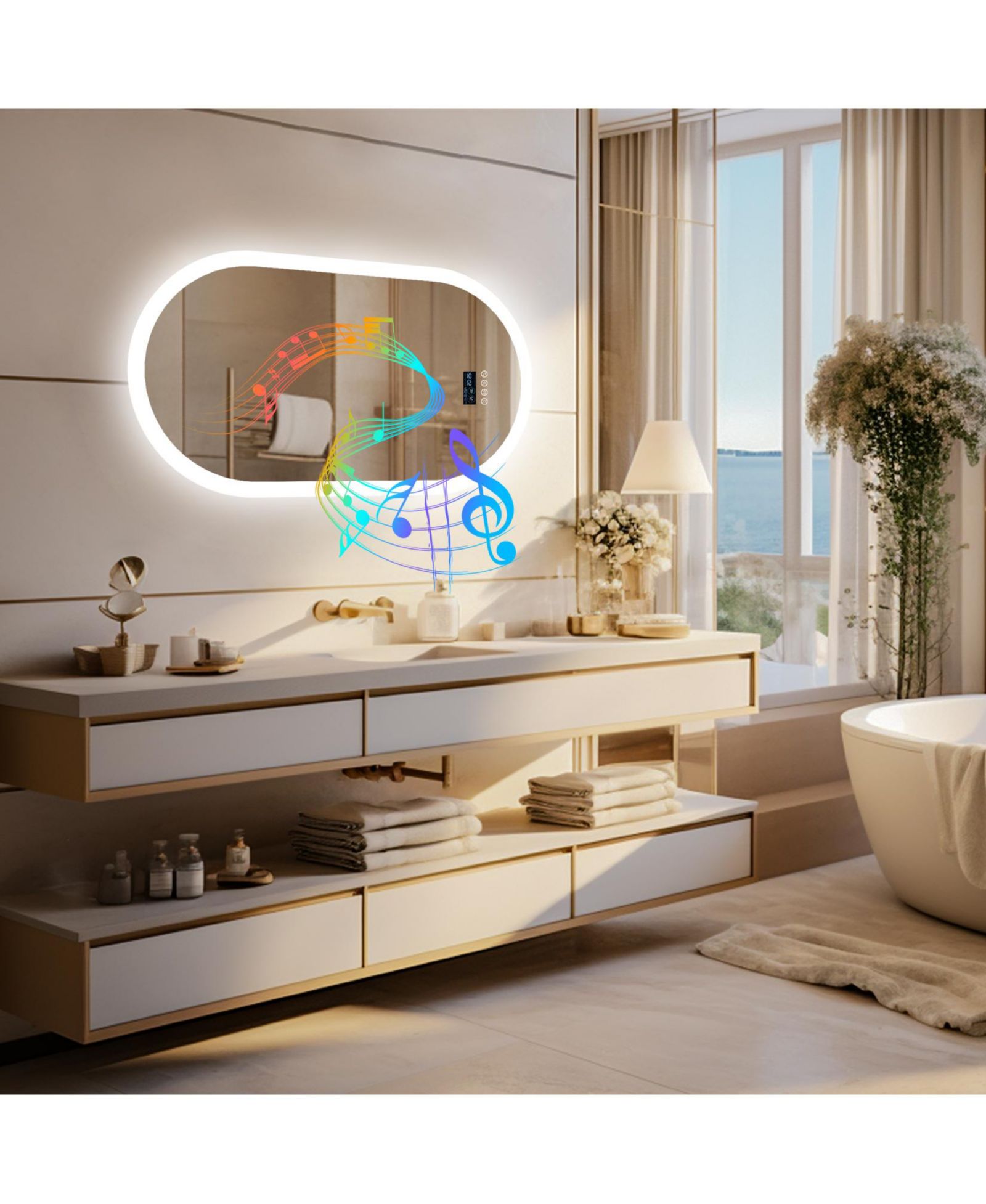 LUVODI 32"x20" Smart Oval LED Bathroom Mirror Bluetooth Speaker Time Temperature Display Front and Back Lit Memory Function