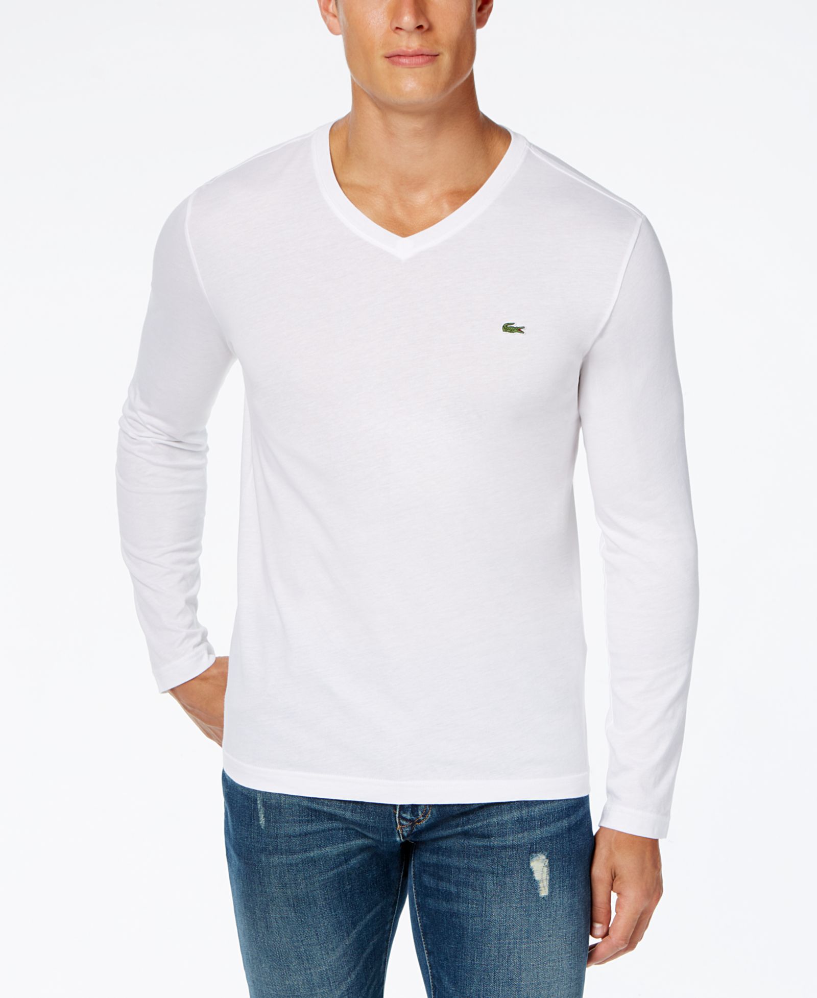 Lacoste Мужская хлопковая футболка с V-образным вырезом с длинным рукавом