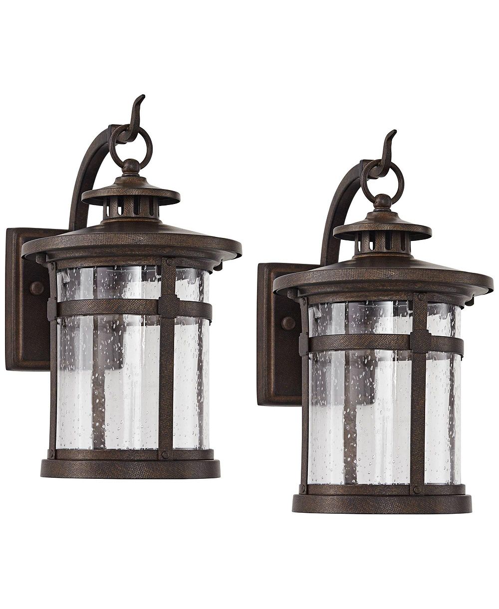 Franklin Iron Works Callaway Rustic Industrial Outdoor Wall Light Fixtures Set of 2  Clear Seedy Glass for Post Exterior