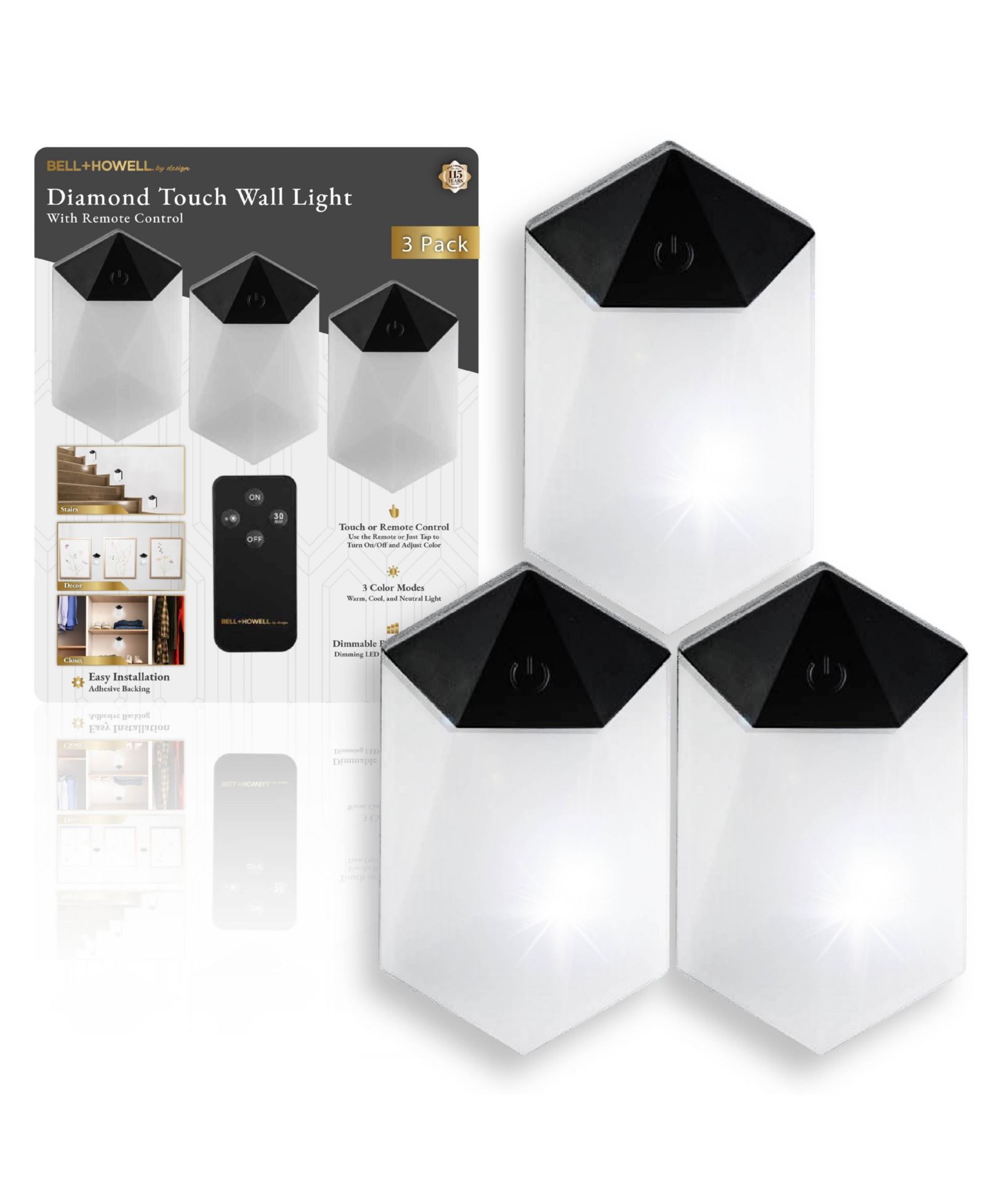 Bell + Howell 3-Pack Wireless Touch LED Wall Light Sconces with Remote