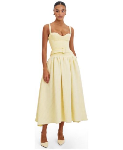 Miss Circle Women's Tiana Butter Yellow Sweetheart Belted Midi Dress