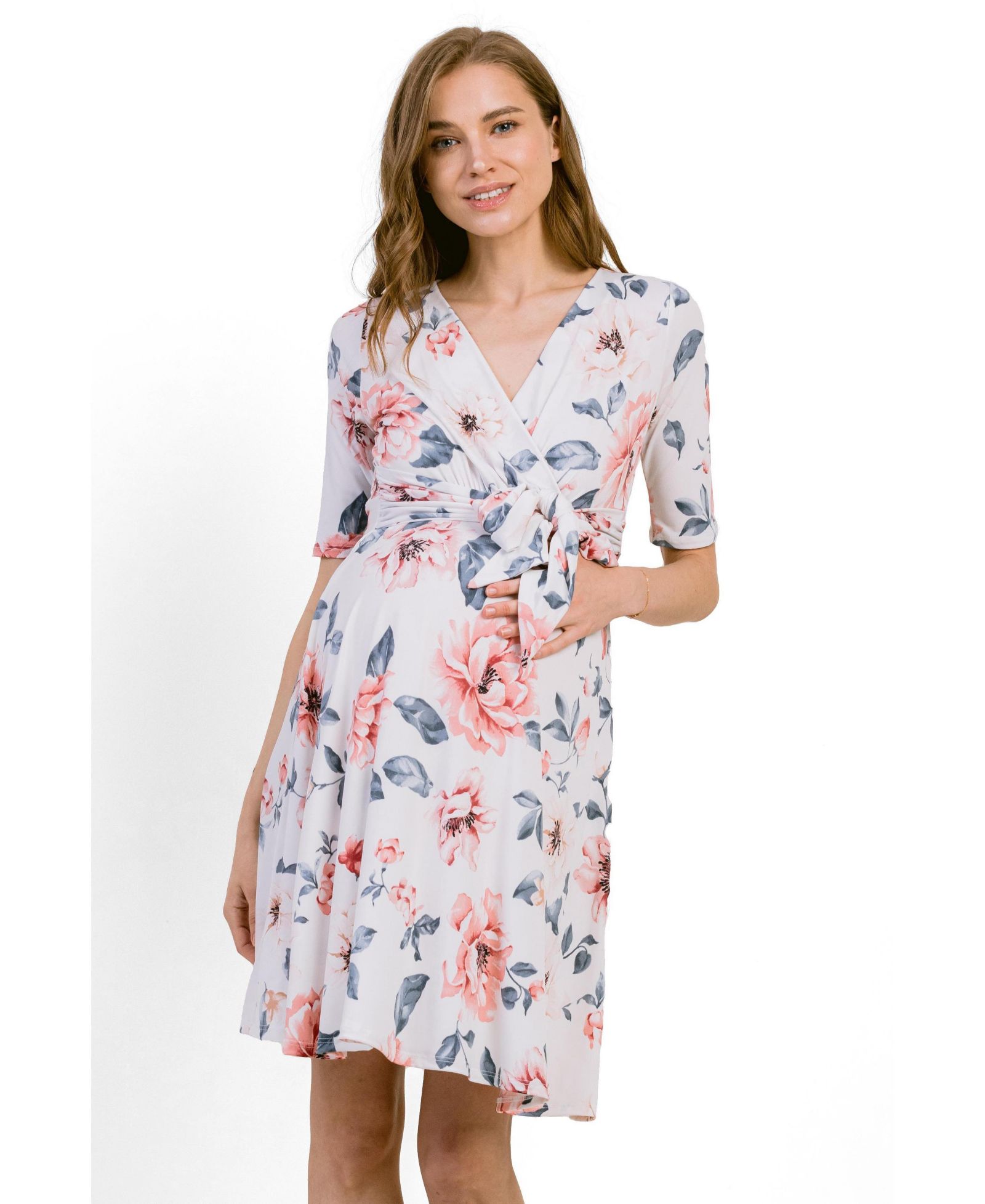 Hello Miz Women's Floral Short Sleeve Nursing Wrap Dress with Tie Waist