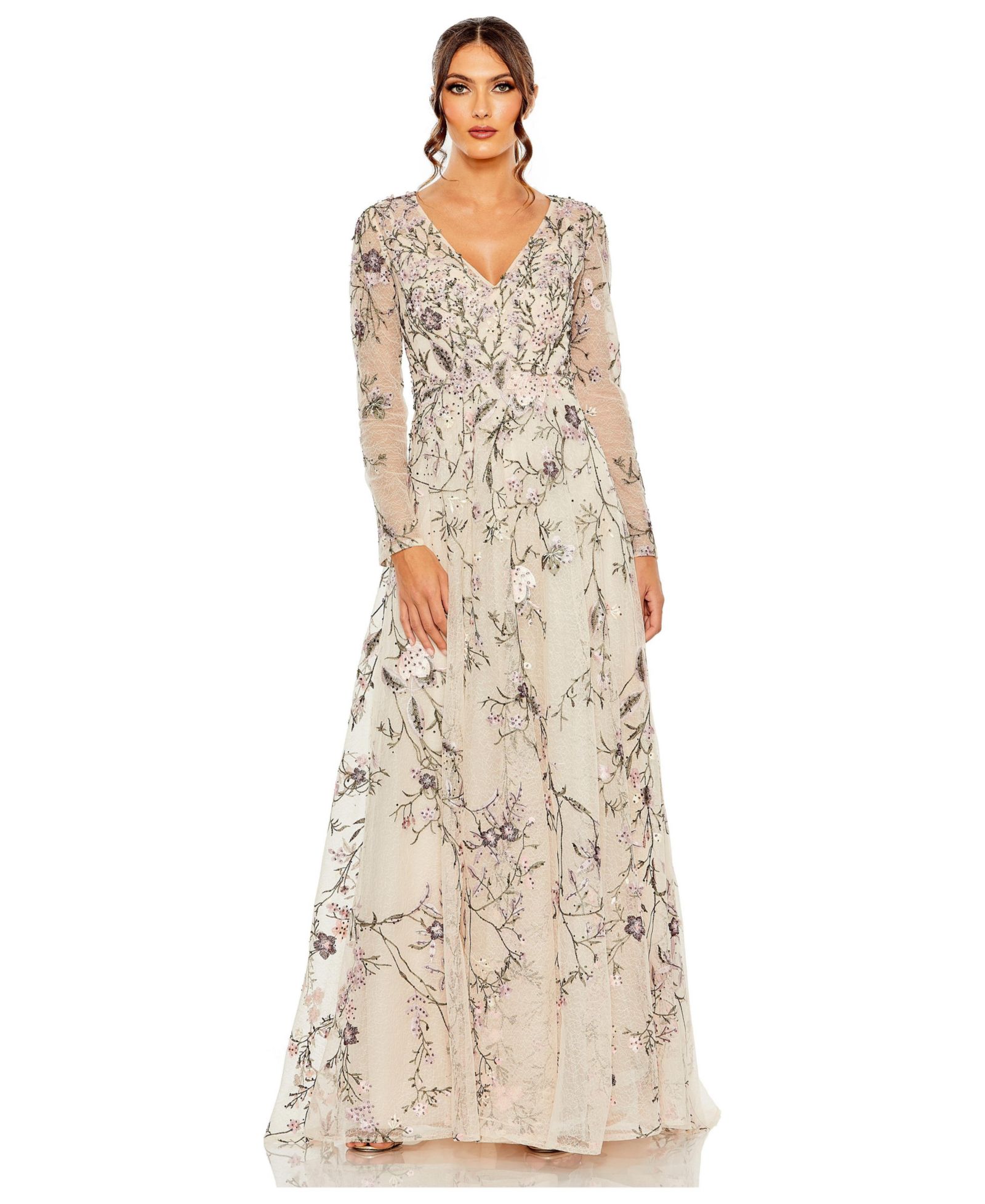 Mac Duggal Women's V Neck Long Sleeve Embroidered A Line Gown