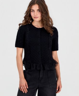 Кардиган And Now This Petite Short-Sleeve Crewneck Lace and Ruffle Trim