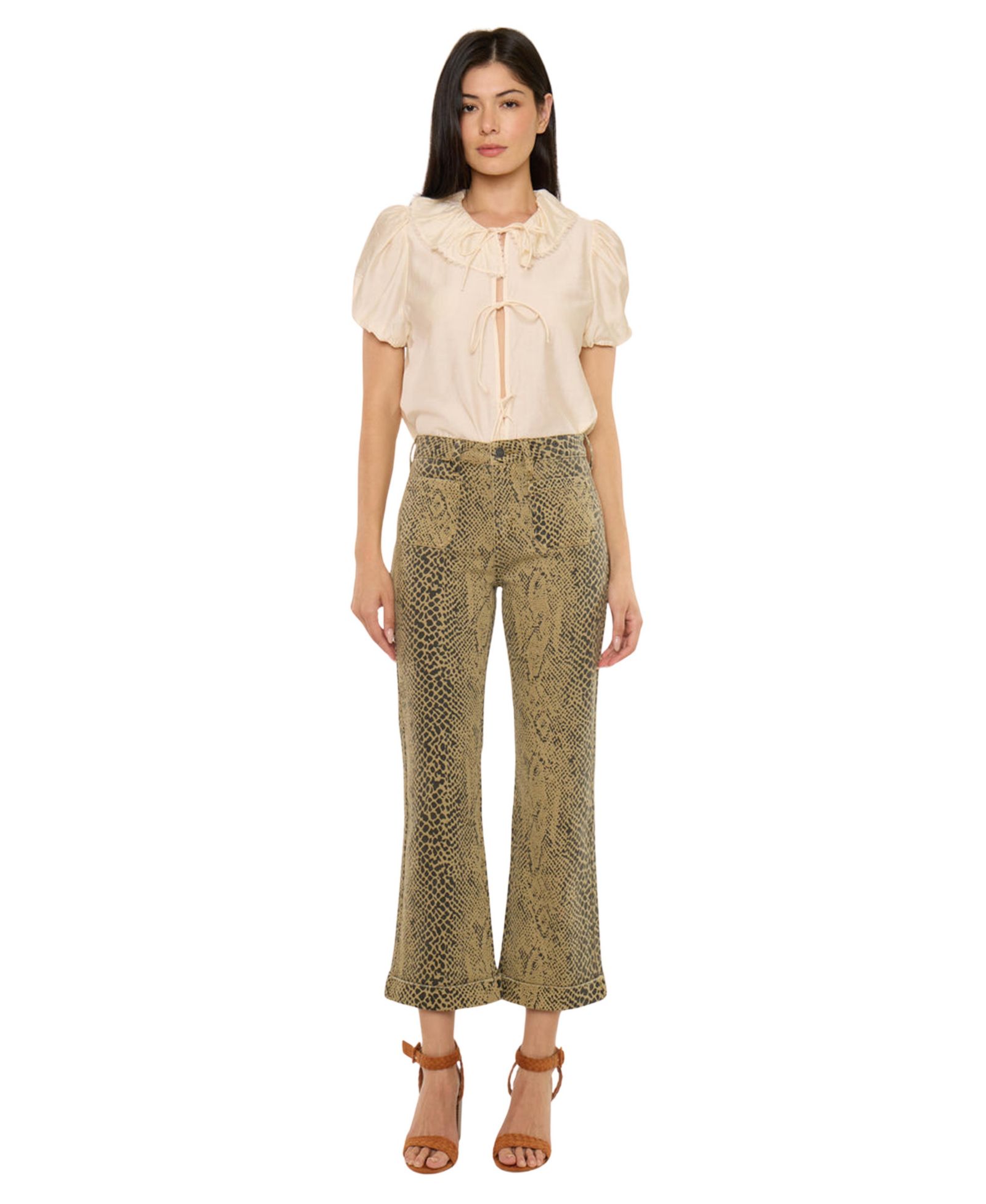 KanCan Women's USA Juniors' High Rise Crop Flare Python Print Jeans